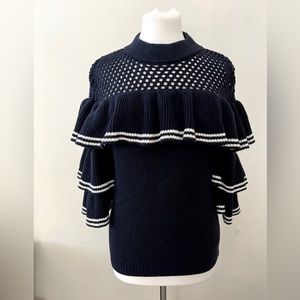 Self Portrait Womens M Frill Open Knit Sweater Ruffle Navy Blue White Wool Blend